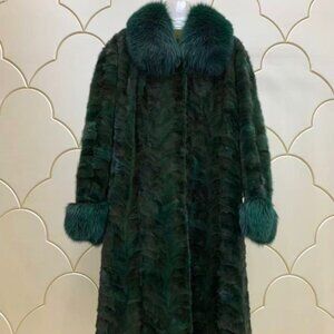 Elegant Forest Green Genuine Mink & Fox Fur Long Coat